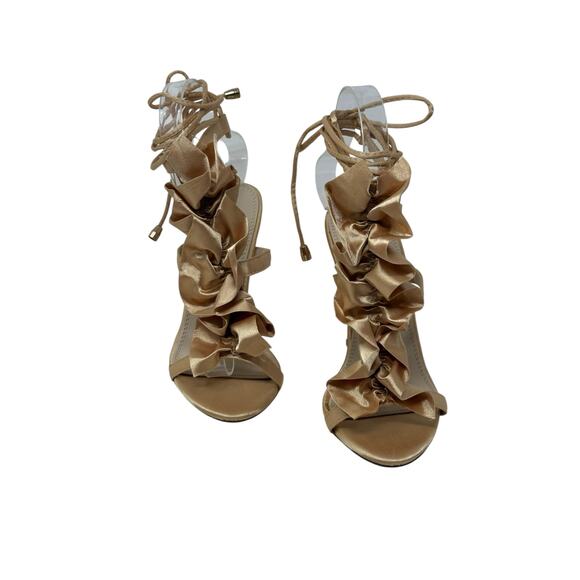 LIliana beige satin ruffled tie up heel sandals size 5.5 - Picture 2 of 15